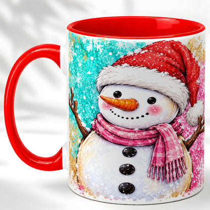 Watercolor Snowman Coffee Mug, Pink Winter Snowman Mug, Ceramic Cup