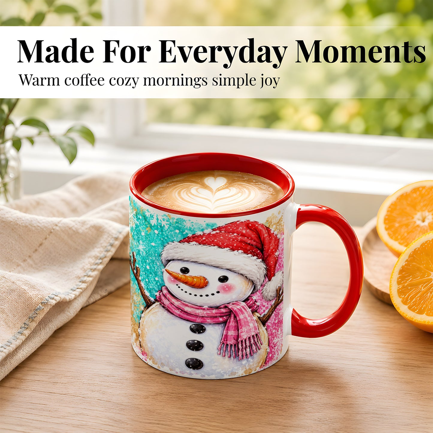 #pl[11oz|Red] Watercolor Snowman Coffee Mug, Pink Winter Snowman Mug, Ceramic Cup