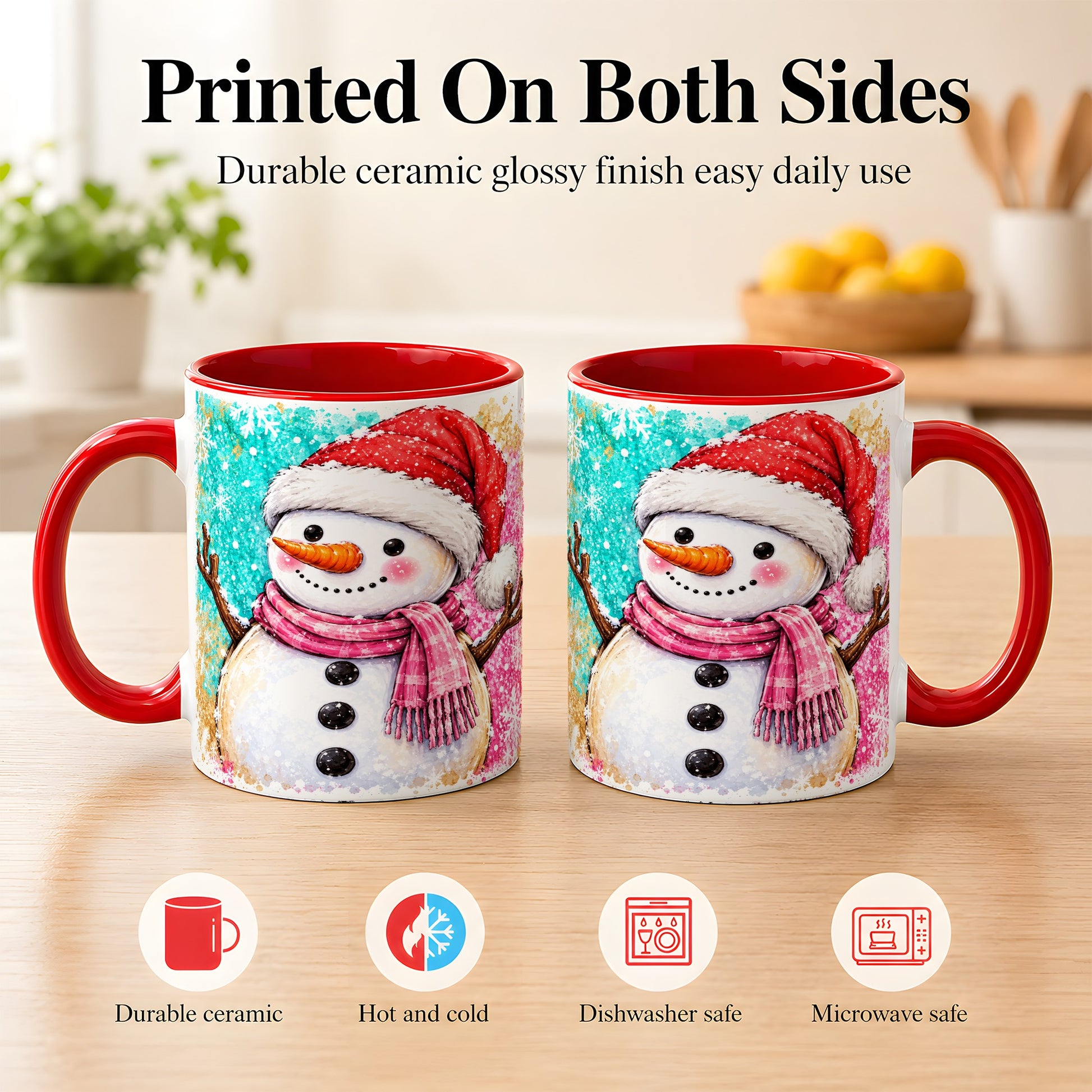 #pl[11oz|Red] Watercolor Snowman Coffee Mug, Pink Winter Snowman Mug, Ceramic Cup