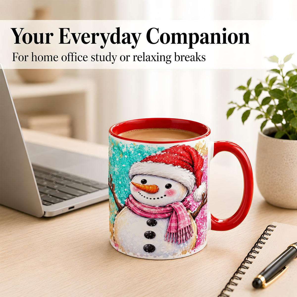 #pl[11oz|Red] Watercolor Snowman Coffee Mug, Pink Winter Snowman Mug, Ceramic Cup
