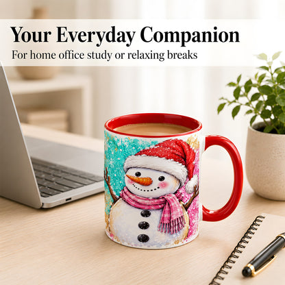 #pl[11oz|Red] Watercolor Snowman Coffee Mug, Pink Winter Snowman Mug, Ceramic Cup