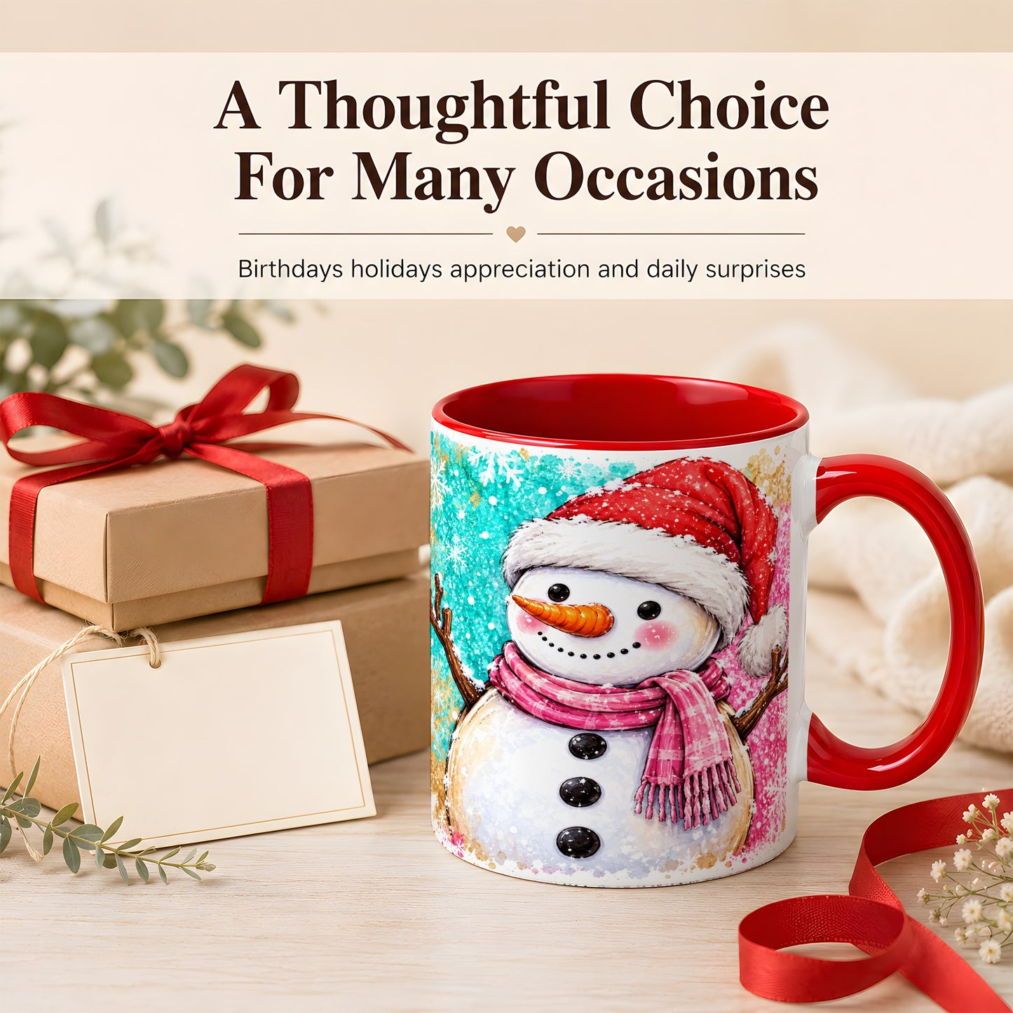 #pl[11oz|Red] Watercolor Snowman Coffee Mug, Pink Winter Snowman Mug, Ceramic Cup