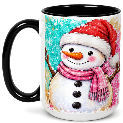 #pl[15oz|Black] Watercolor Snowman Coffee Mug, Pink Winter Snowman Mug, Ceramic Cup