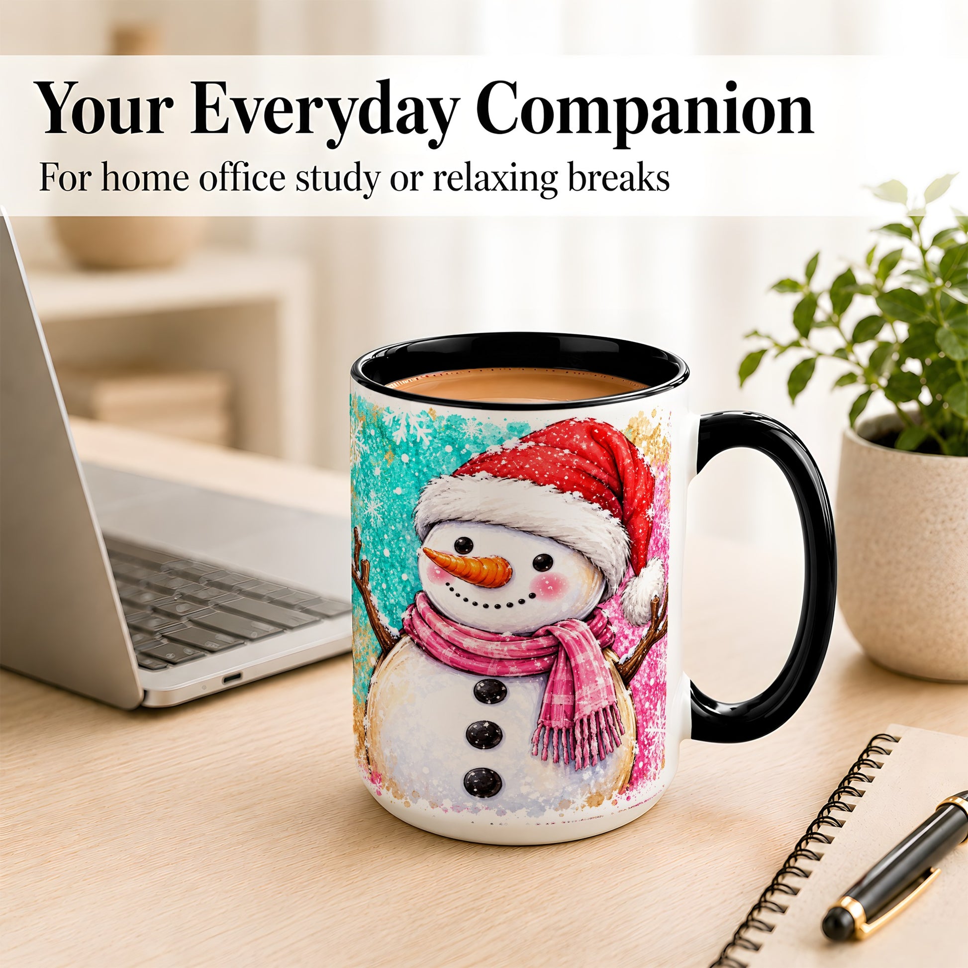 #pl[15oz|Black] Watercolor Snowman Coffee Mug, Pink Winter Snowman Mug, Ceramic Cup