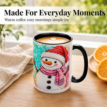 #pl[15oz|Black] Watercolor Snowman Coffee Mug, Pink Winter Snowman Mug, Ceramic Cup