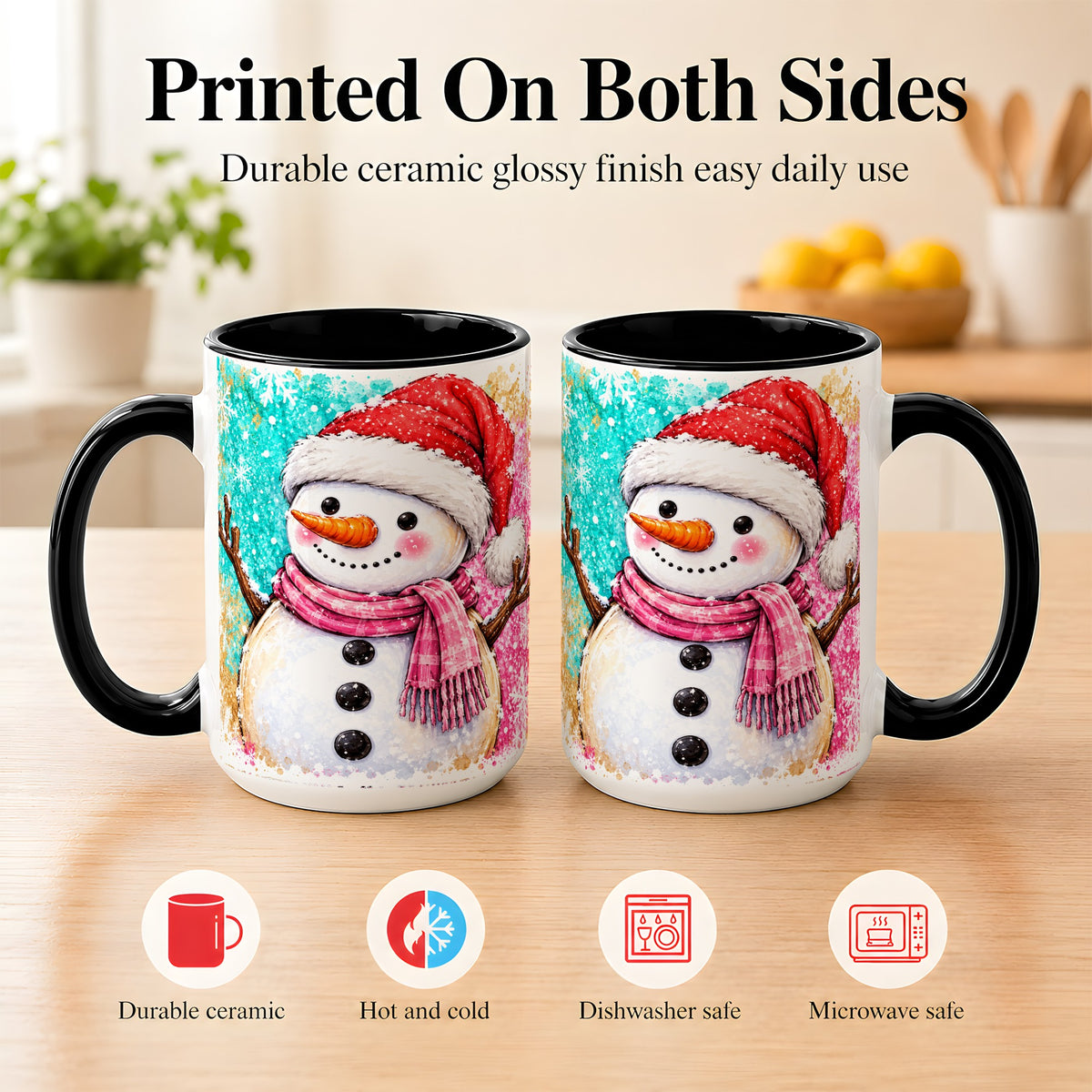 #pl[15oz|Black] Watercolor Snowman Coffee Mug, Pink Winter Snowman Mug, Ceramic Cup
