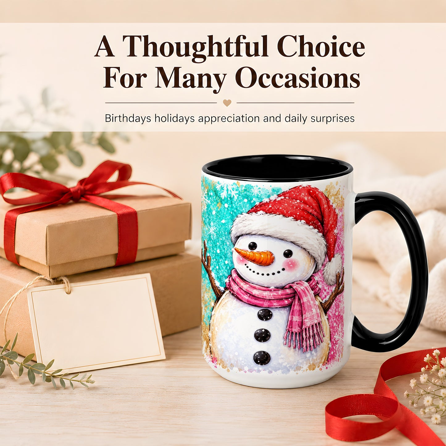 #pl[15oz|Black] Watercolor Snowman Coffee Mug, Pink Winter Snowman Mug, Ceramic Cup