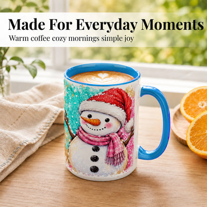 #pl[15oz|Blue] Watercolor Snowman Coffee Mug, Pink Winter Snowman Mug, Ceramic Cup