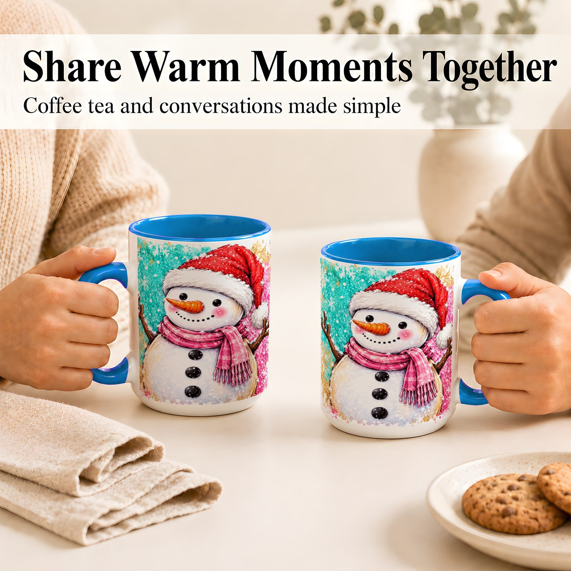 #pl[15oz|Blue] Watercolor Snowman Coffee Mug, Pink Winter Snowman Mug, Ceramic Cup