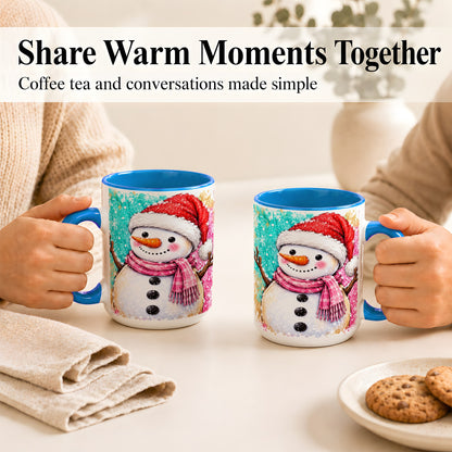 #pl[15oz|Blue] Watercolor Snowman Coffee Mug, Pink Winter Snowman Mug, Ceramic Cup