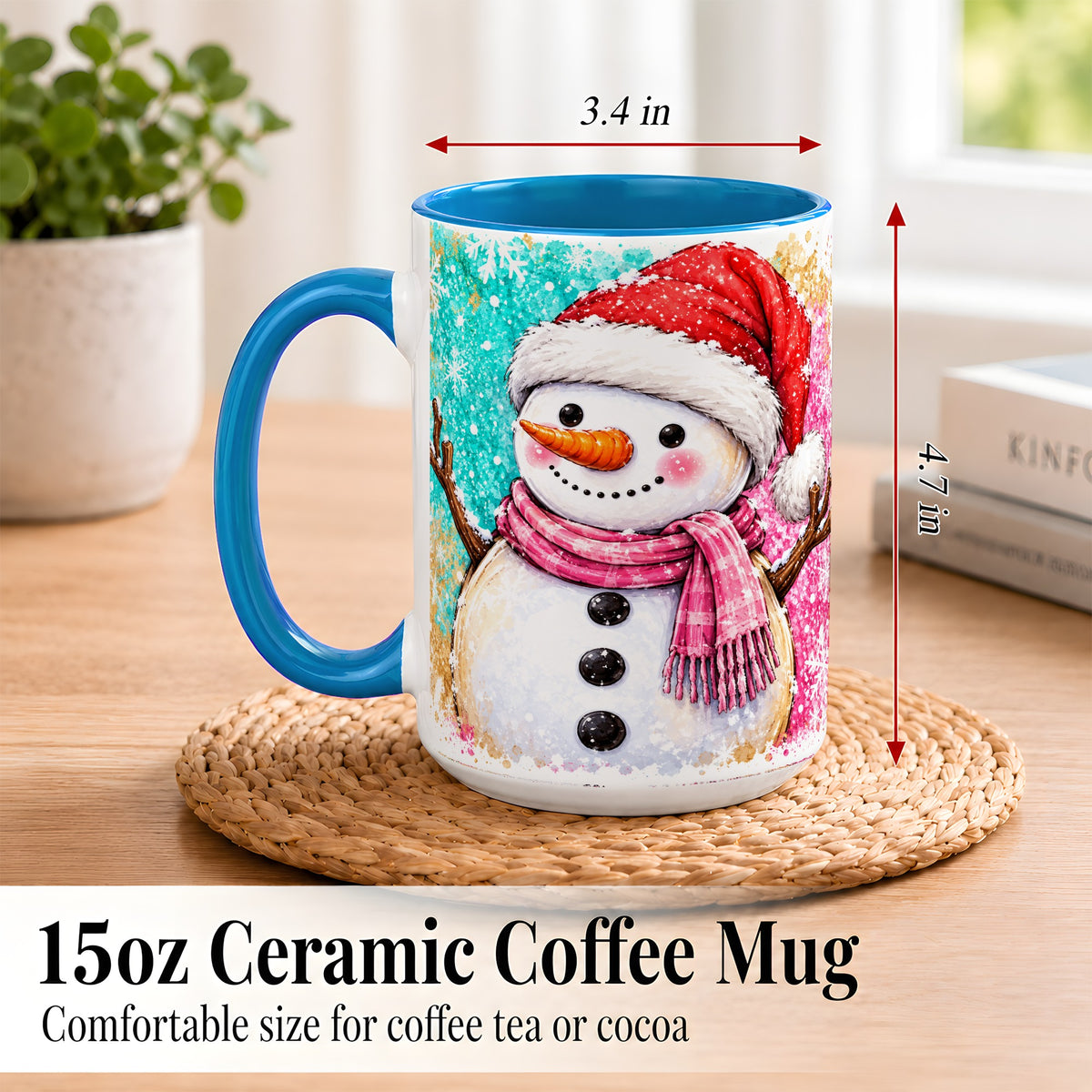 #pl[15oz|Blue] Watercolor Snowman Coffee Mug, Pink Winter Snowman Mug, Ceramic Cup
