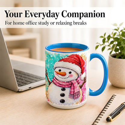#pl[15oz|Blue] Watercolor Snowman Coffee Mug, Pink Winter Snowman Mug, Ceramic Cup