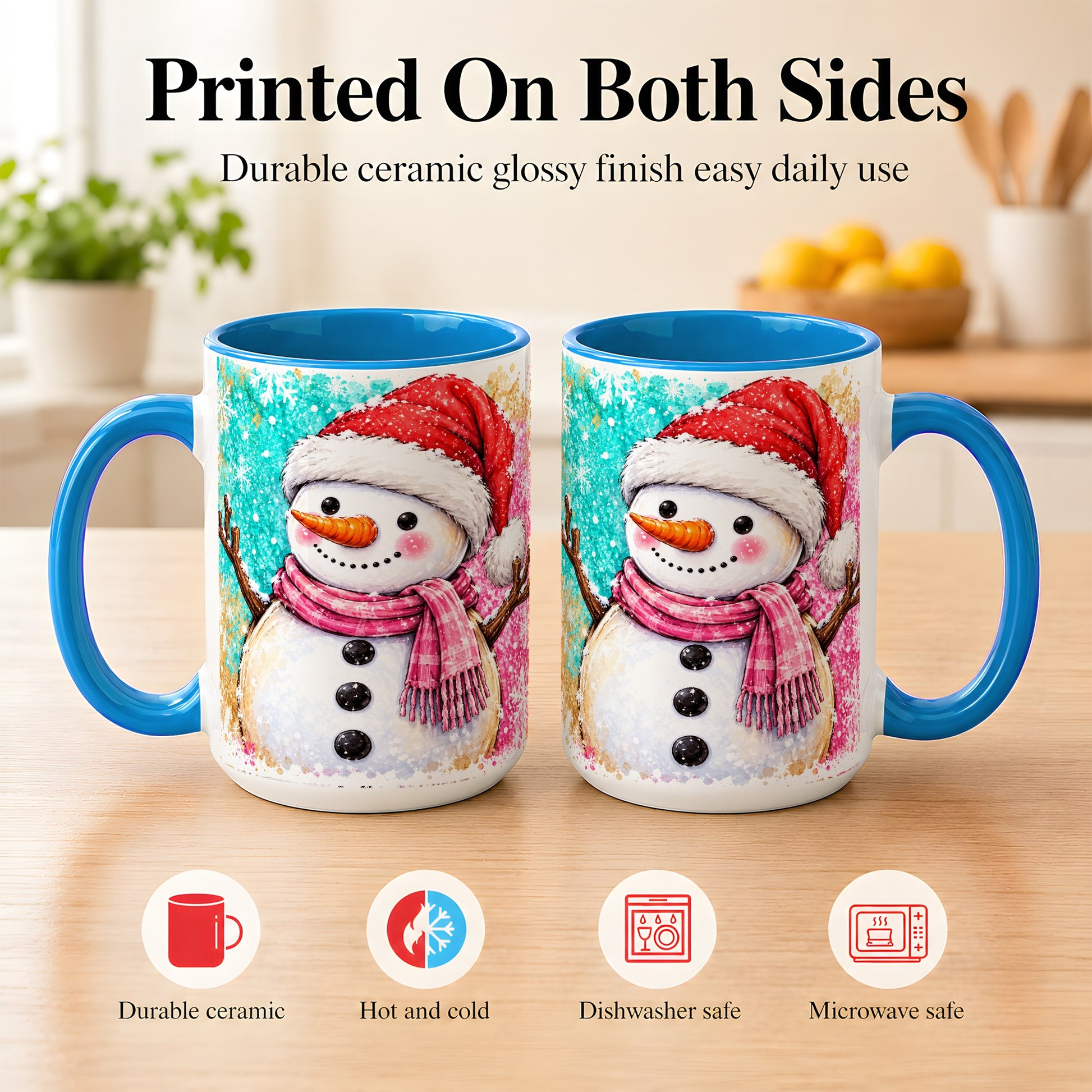 #pl[15oz|Blue] Watercolor Snowman Coffee Mug, Pink Winter Snowman Mug, Ceramic Cup