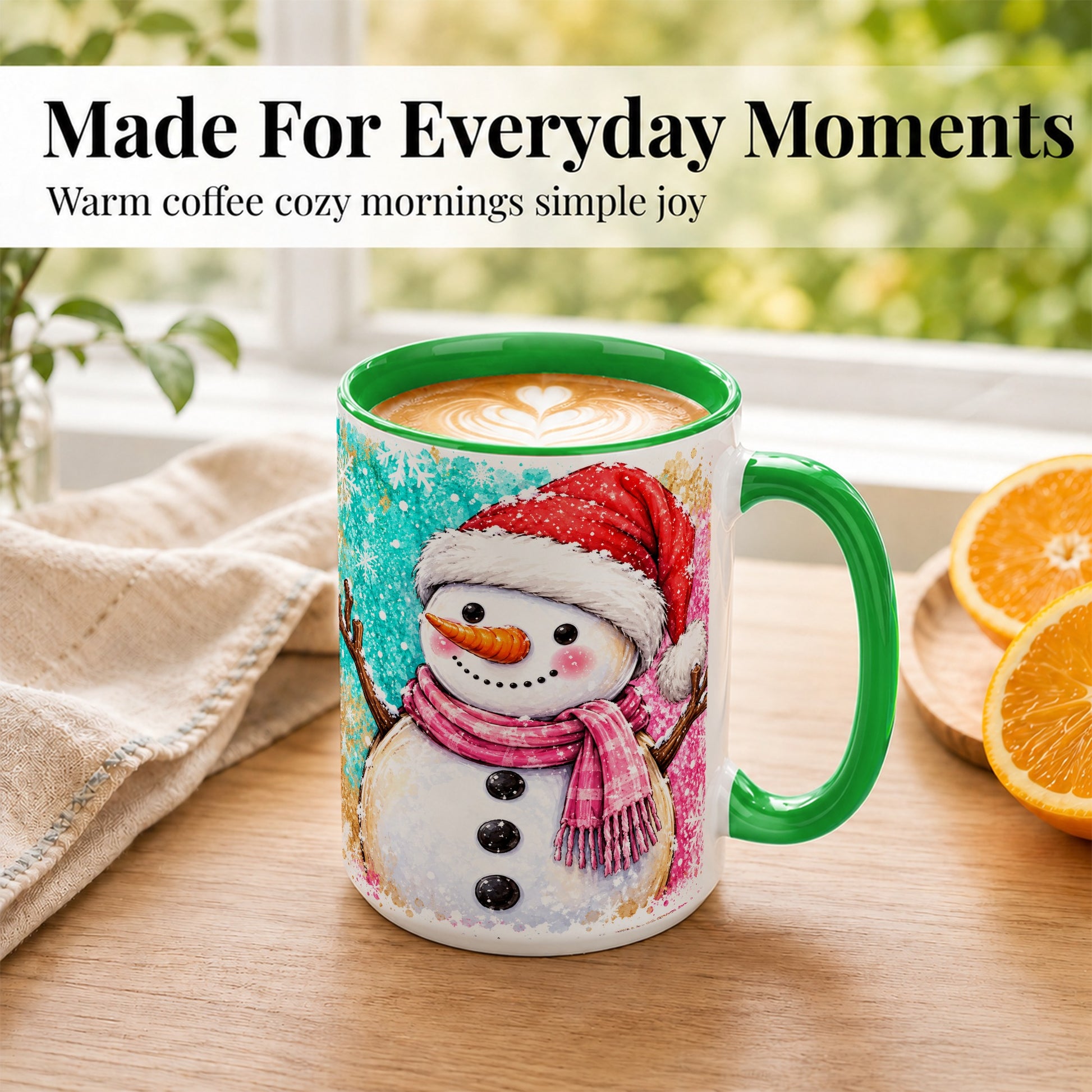 #pl[15oz|Green] Watercolor Snowman Coffee Mug, Pink Winter Snowman Mug, Ceramic Cup