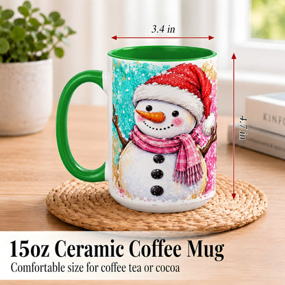 #pl[15oz|Green] Watercolor Snowman Coffee Mug, Pink Winter Snowman Mug, Ceramic Cup