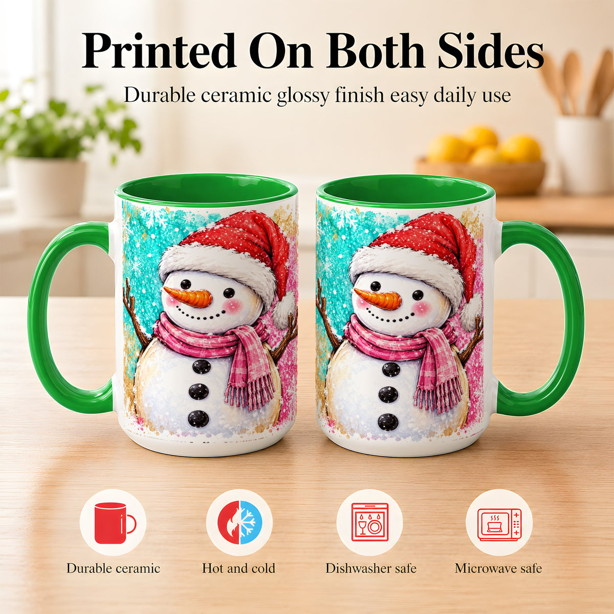 #pl[15oz|Green] Watercolor Snowman Coffee Mug, Pink Winter Snowman Mug, Ceramic Cup