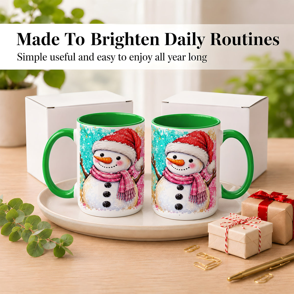 #pl[15oz|Green] Watercolor Snowman Coffee Mug, Pink Winter Snowman Mug, Ceramic Cup