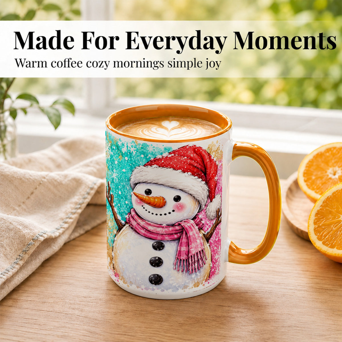 #pl[15oz|Orange] Watercolor Snowman Coffee Mug, Pink Winter Snowman Mug, Ceramic Cup