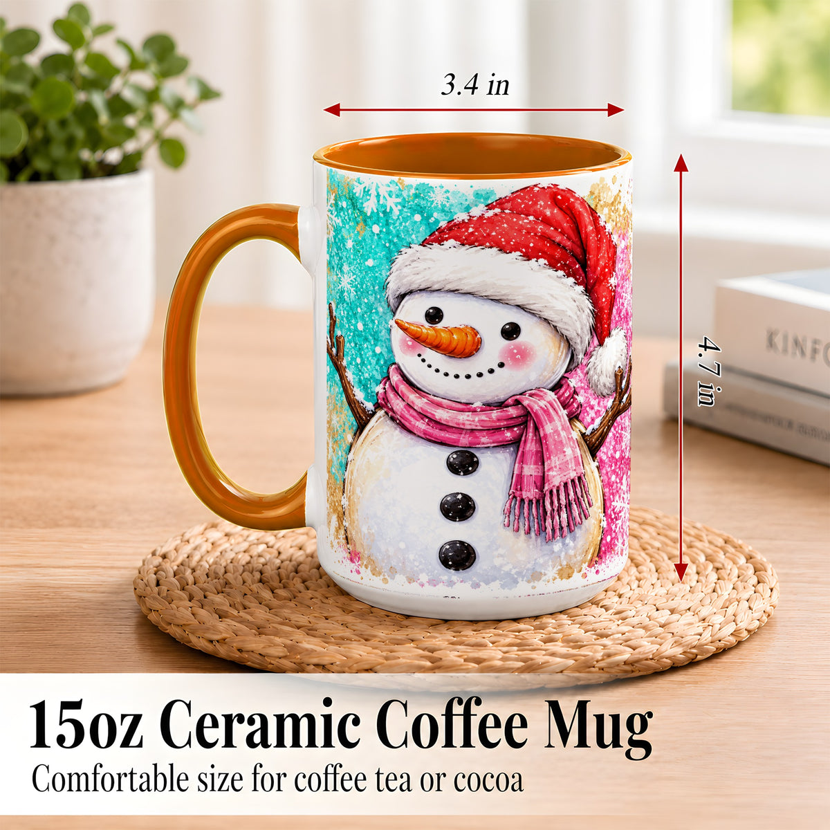 #pl[15oz|Orange] Watercolor Snowman Coffee Mug, Pink Winter Snowman Mug, Ceramic Cup