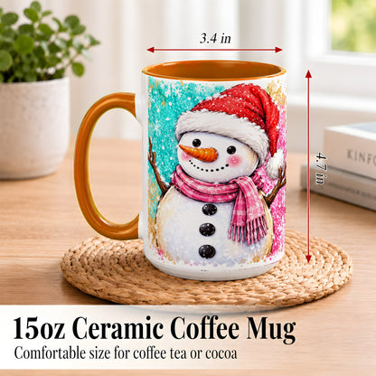 #pl[15oz|Orange] Watercolor Snowman Coffee Mug, Pink Winter Snowman Mug, Ceramic Cup