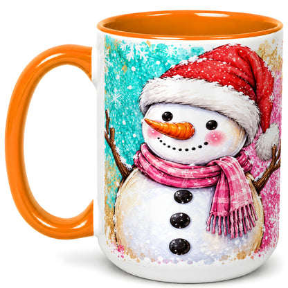 #pl[15oz|Orange] Watercolor Snowman Coffee Mug, Pink Winter Snowman Mug, Ceramic Cup