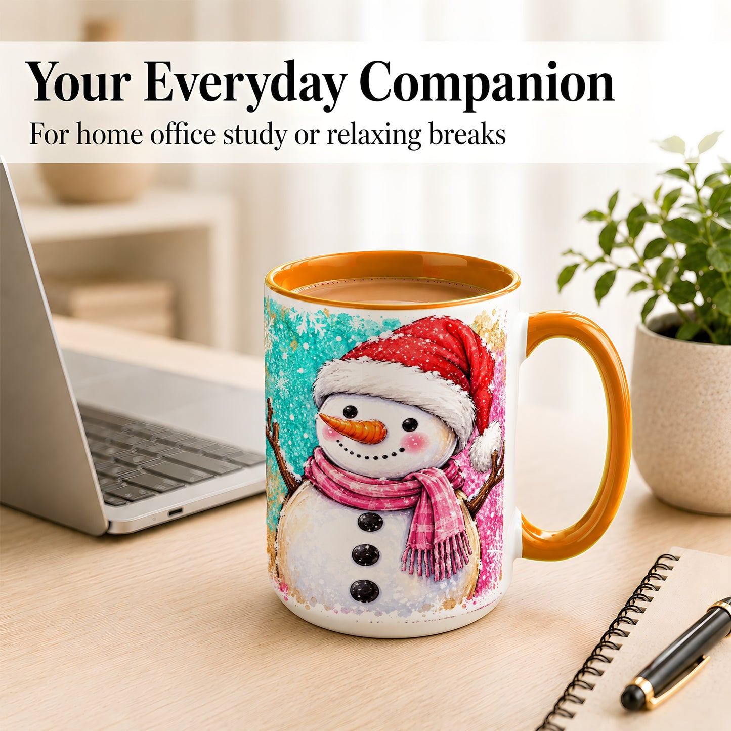 #pl[15oz|Orange] Watercolor Snowman Coffee Mug, Pink Winter Snowman Mug, Ceramic Cup