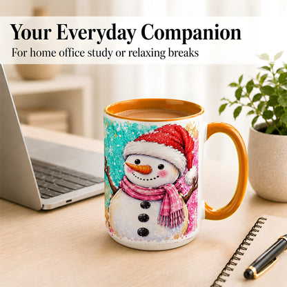 #pl[15oz|Orange] Watercolor Snowman Coffee Mug, Pink Winter Snowman Mug, Ceramic Cup