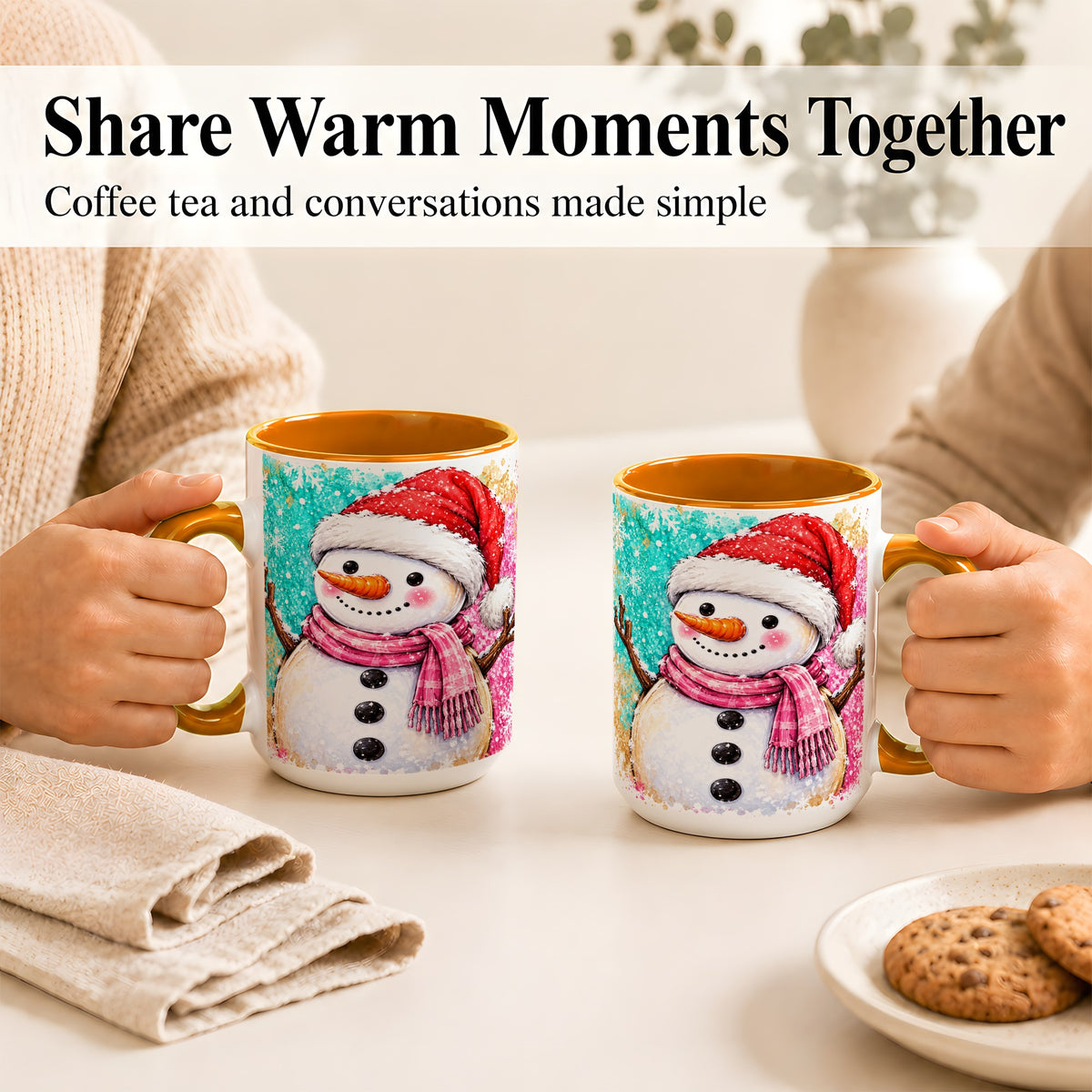 #pl[15oz|Orange] Watercolor Snowman Coffee Mug, Pink Winter Snowman Mug, Ceramic Cup