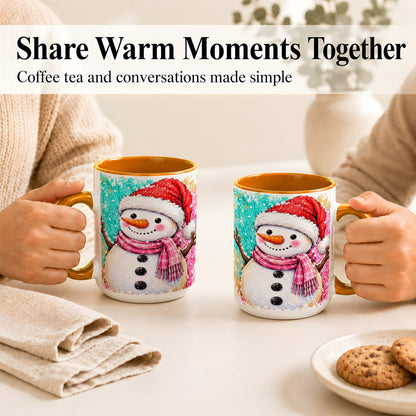 #pl[15oz|Orange] Watercolor Snowman Coffee Mug, Pink Winter Snowman Mug, Ceramic Cup