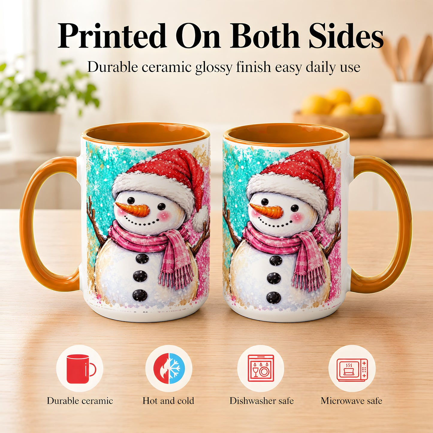 #pl[15oz|Orange] Watercolor Snowman Coffee Mug, Pink Winter Snowman Mug, Ceramic Cup
