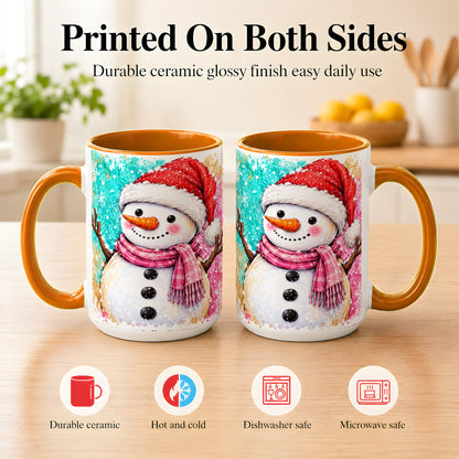 #pl[15oz|Orange] Watercolor Snowman Coffee Mug, Pink Winter Snowman Mug, Ceramic Cup