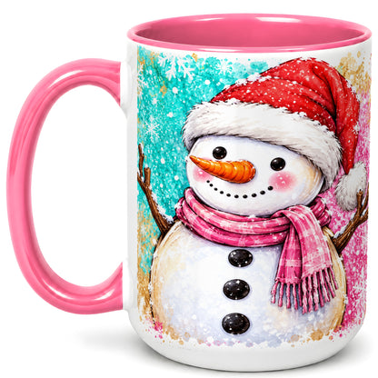 #pl[15oz|Pink] Watercolor Snowman Coffee Mug, Pink Winter Snowman Mug, Ceramic Cup