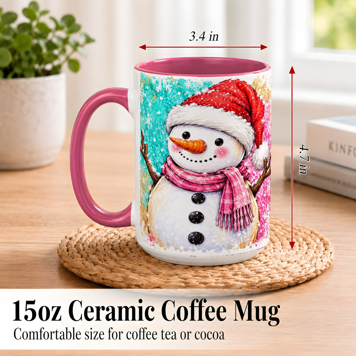 #pl[15oz|Pink] Watercolor Snowman Coffee Mug, Pink Winter Snowman Mug, Ceramic Cup