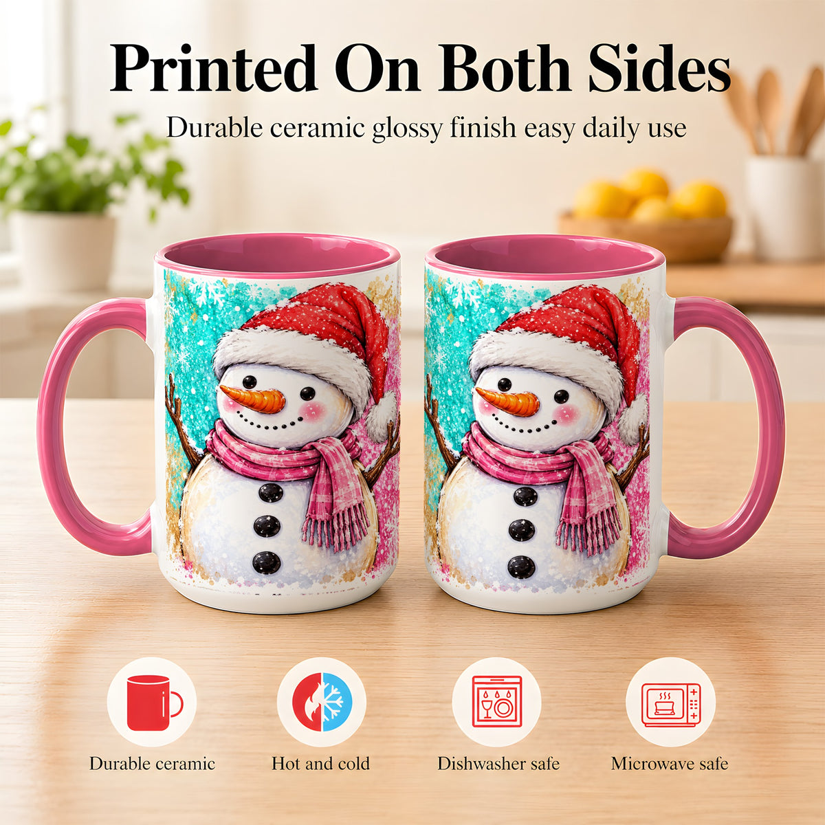 #pl[15oz|Pink] Watercolor Snowman Coffee Mug, Pink Winter Snowman Mug, Ceramic Cup