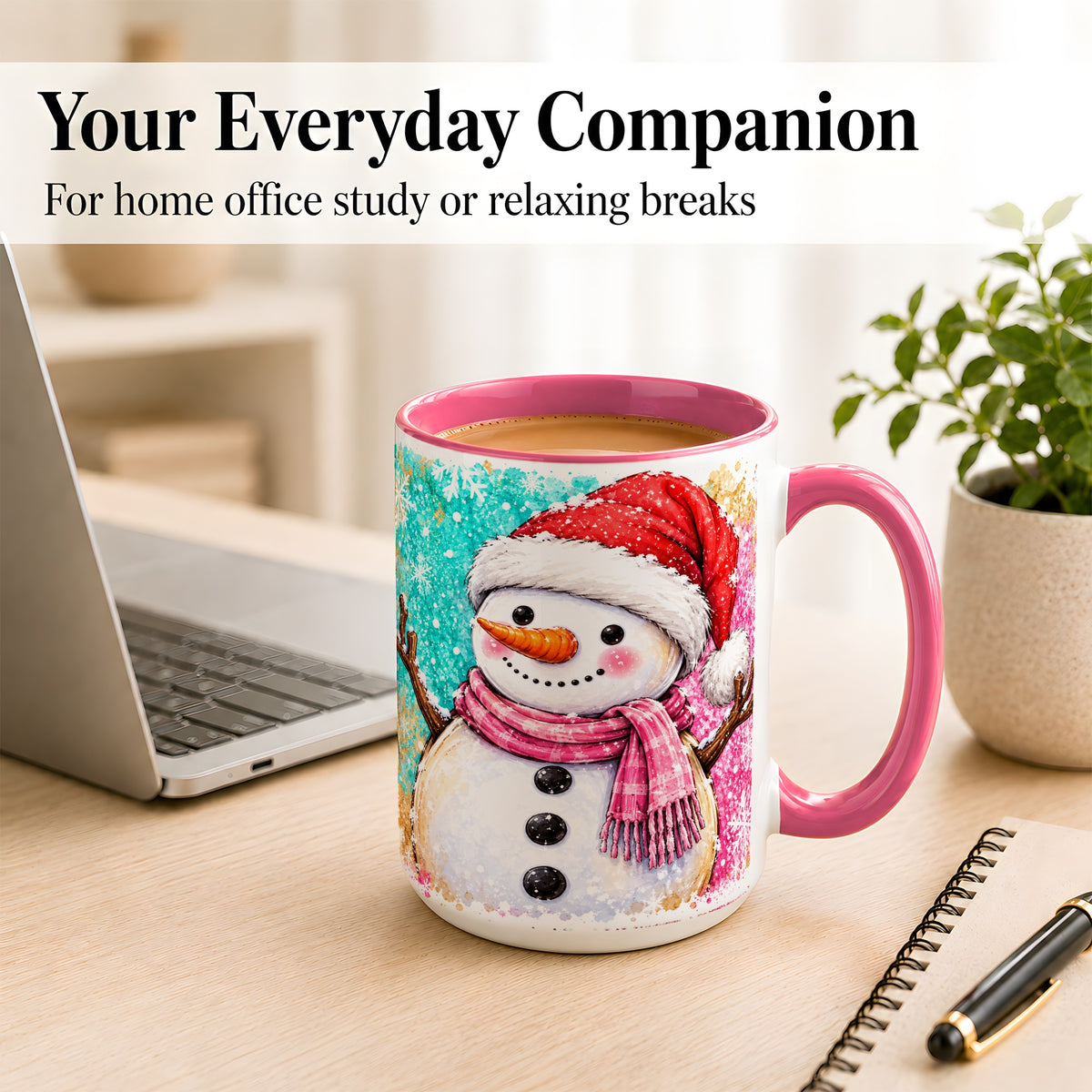 #pl[15oz|Pink] Watercolor Snowman Coffee Mug, Pink Winter Snowman Mug, Ceramic Cup