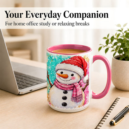 #pl[15oz|Pink] Watercolor Snowman Coffee Mug, Pink Winter Snowman Mug, Ceramic Cup