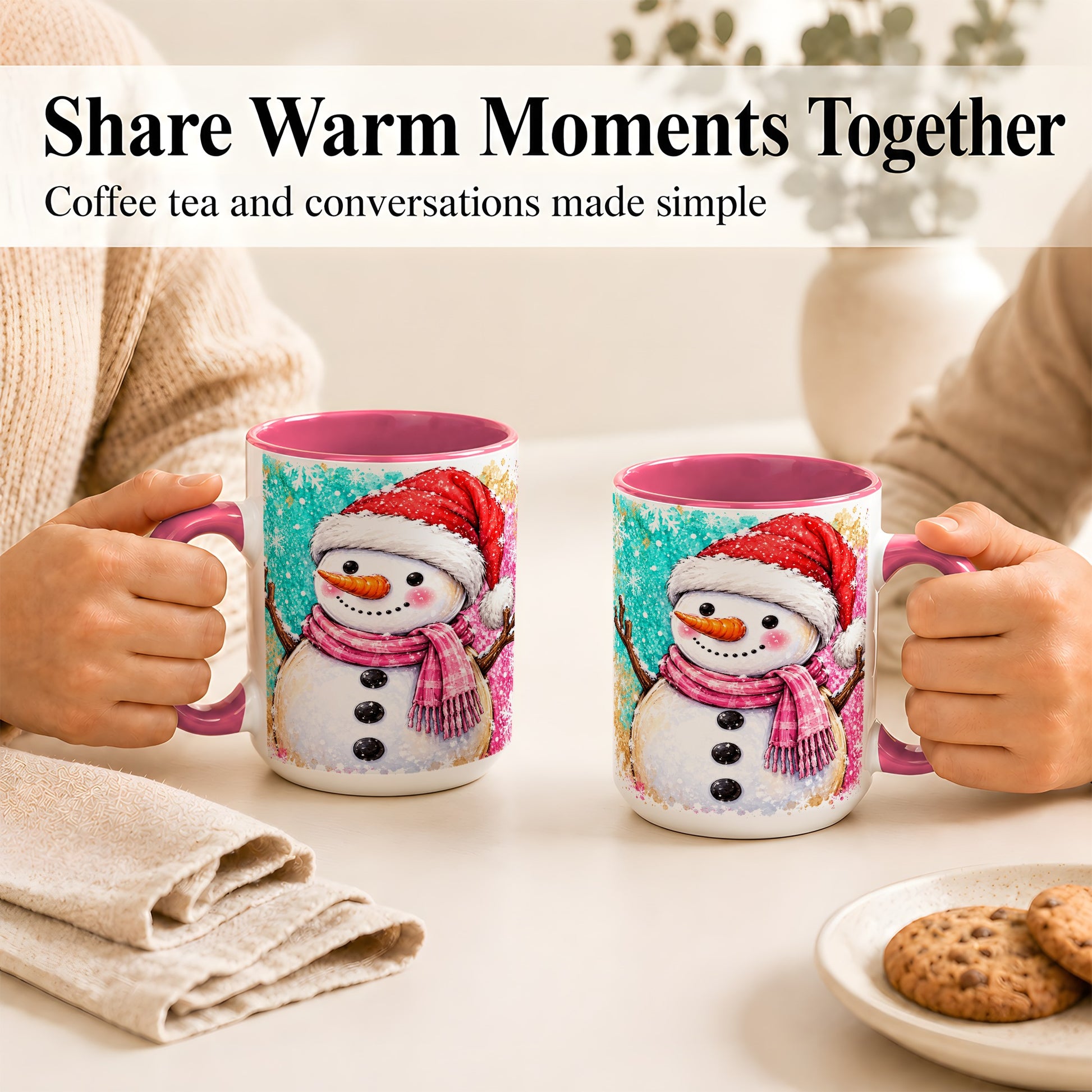 #pl[15oz|Pink] Watercolor Snowman Coffee Mug, Pink Winter Snowman Mug, Ceramic Cup