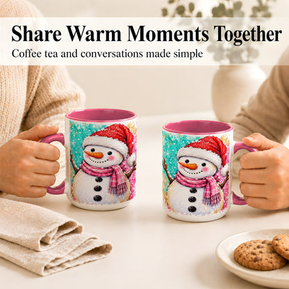 #pl[15oz|Pink] Watercolor Snowman Coffee Mug, Pink Winter Snowman Mug, Ceramic Cup