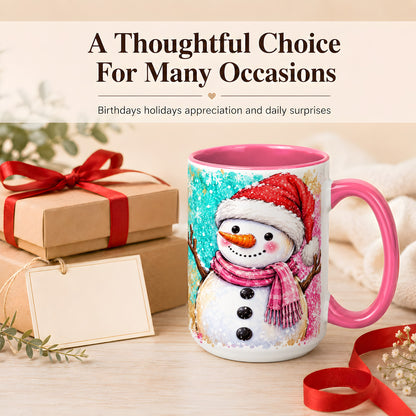 #pl[15oz|Pink] Watercolor Snowman Coffee Mug, Pink Winter Snowman Mug, Ceramic Cup