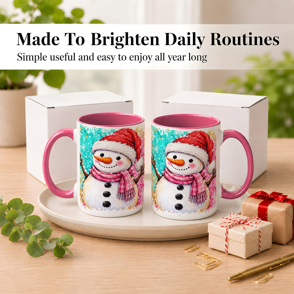 #pl[15oz|Pink] Watercolor Snowman Coffee Mug, Pink Winter Snowman Mug, Ceramic Cup