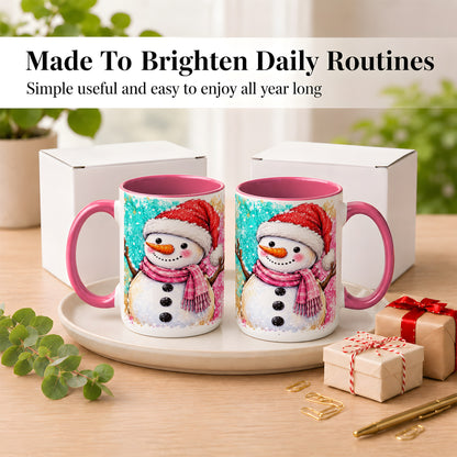 #pl[15oz|Pink] Watercolor Snowman Coffee Mug, Pink Winter Snowman Mug, Ceramic Cup