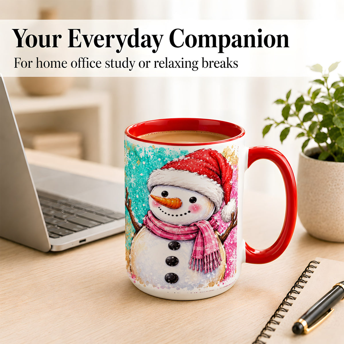 #pl[15oz|Red] Watercolor Snowman Coffee Mug, Pink Winter Snowman Mug, Ceramic Cup