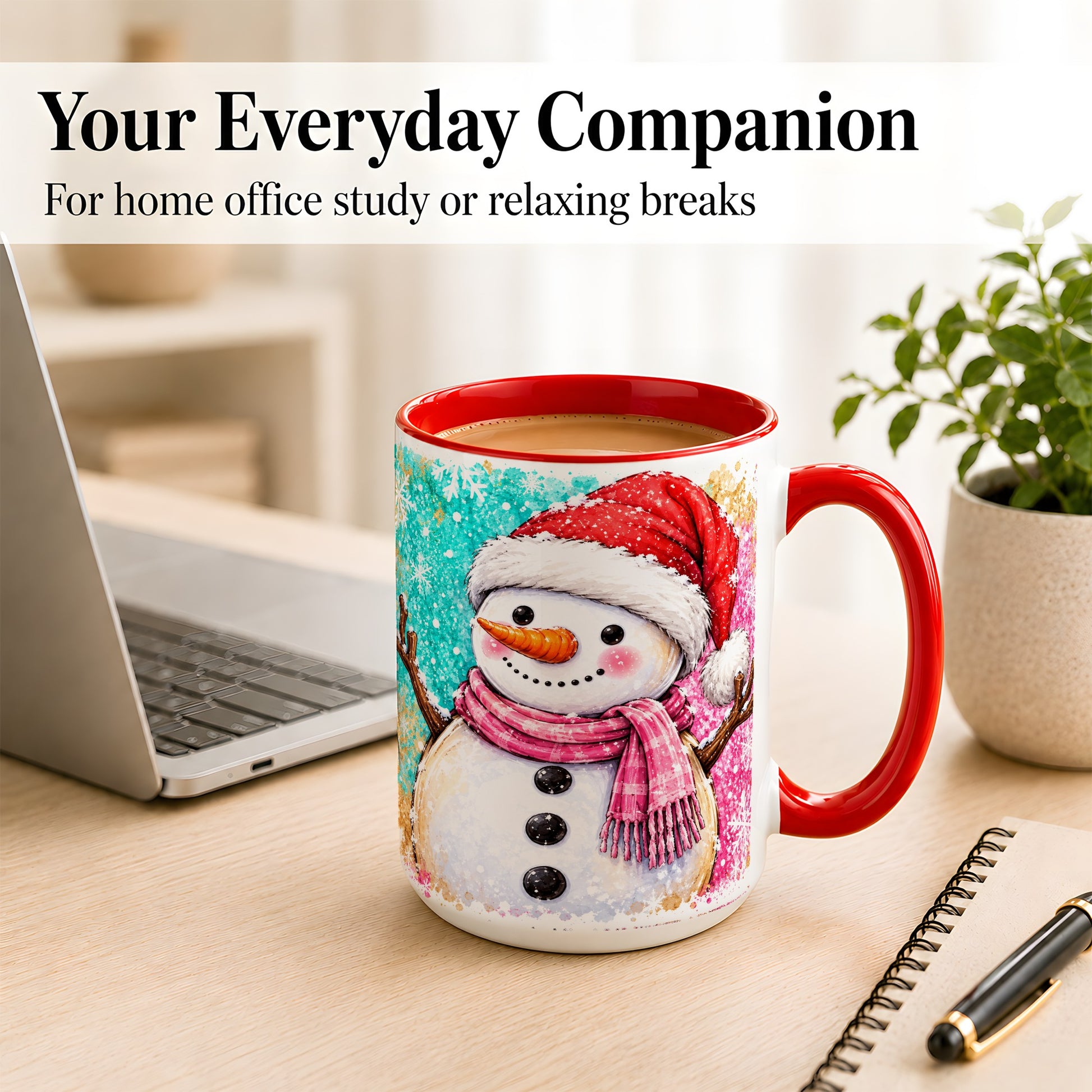 #pl[15oz|Red] Watercolor Snowman Coffee Mug, Pink Winter Snowman Mug, Ceramic Cup