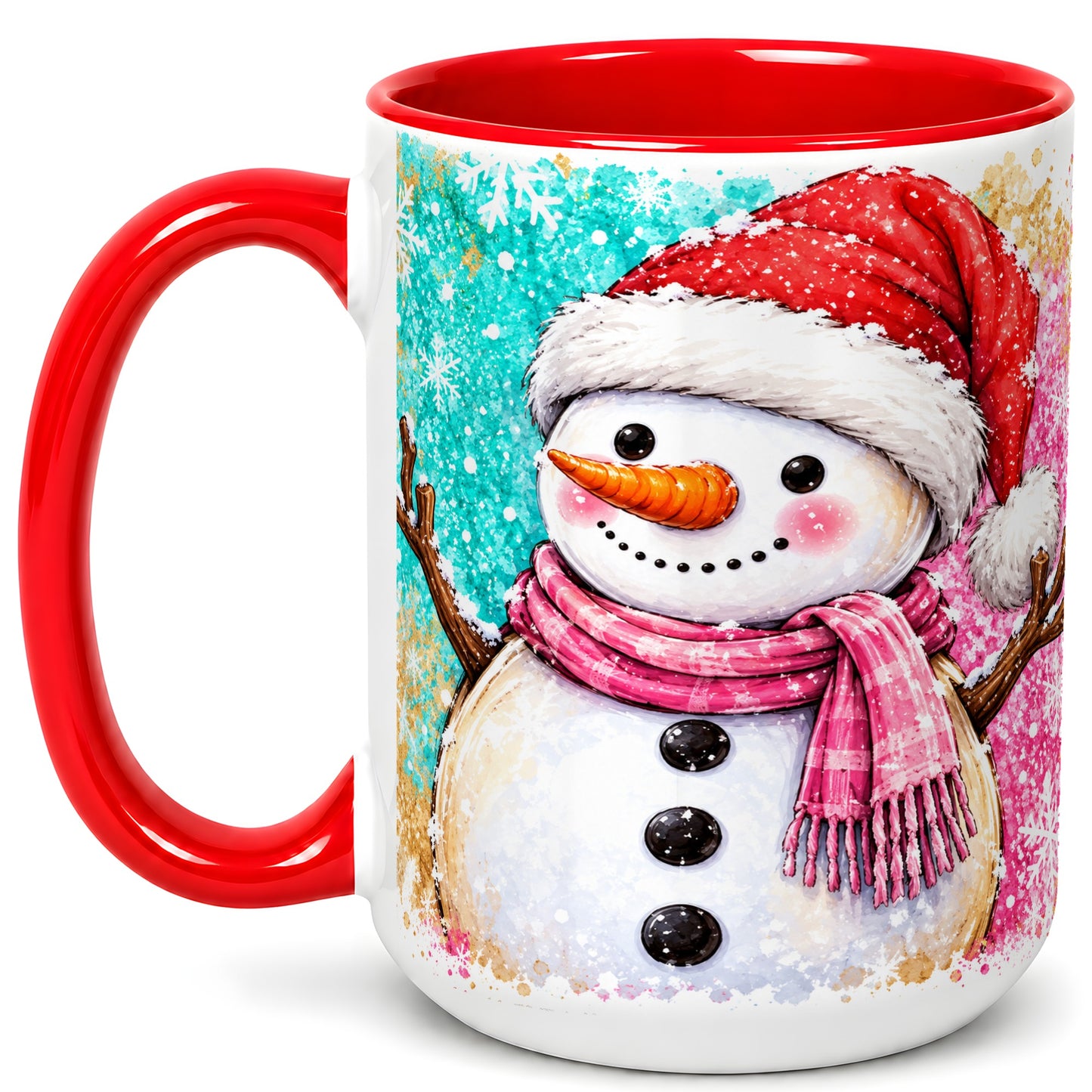 #pl[15oz|Red] Watercolor Snowman Coffee Mug, Pink Winter Snowman Mug, Ceramic Cup