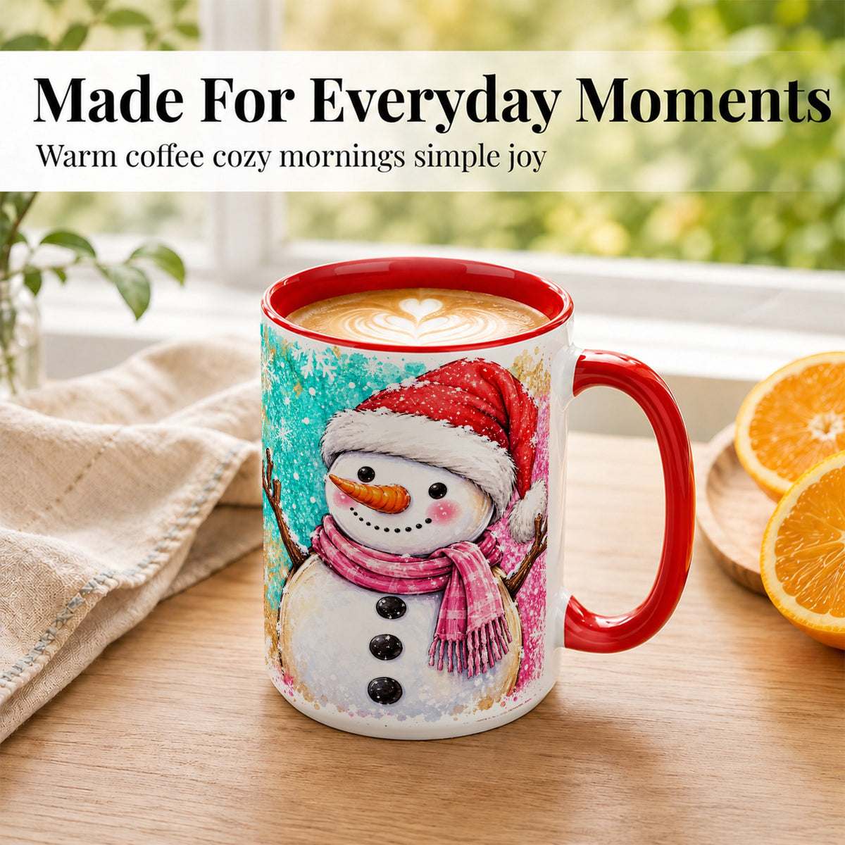 #pl[15oz|Red] Watercolor Snowman Coffee Mug, Pink Winter Snowman Mug, Ceramic Cup