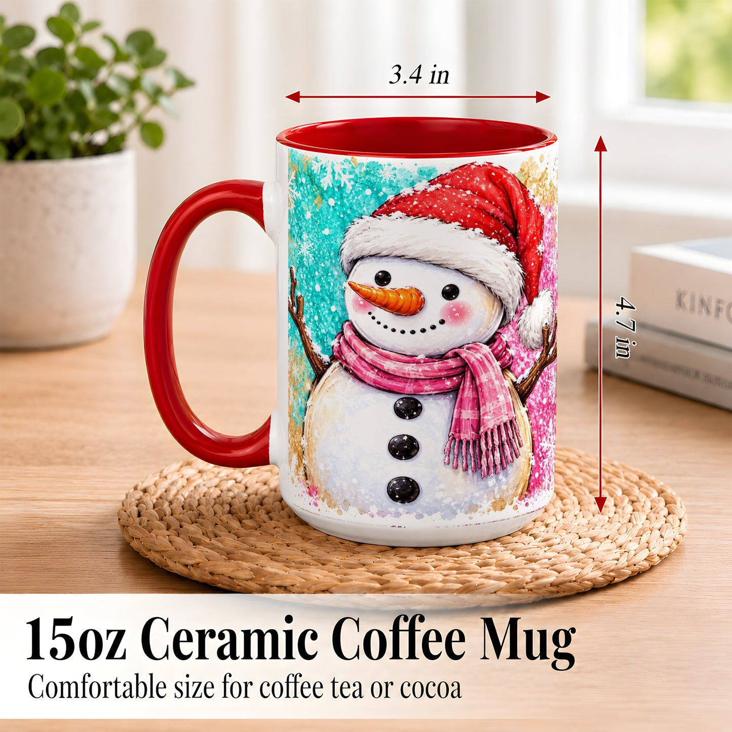 #pl[15oz|Red] Watercolor Snowman Coffee Mug, Pink Winter Snowman Mug, Ceramic Cup