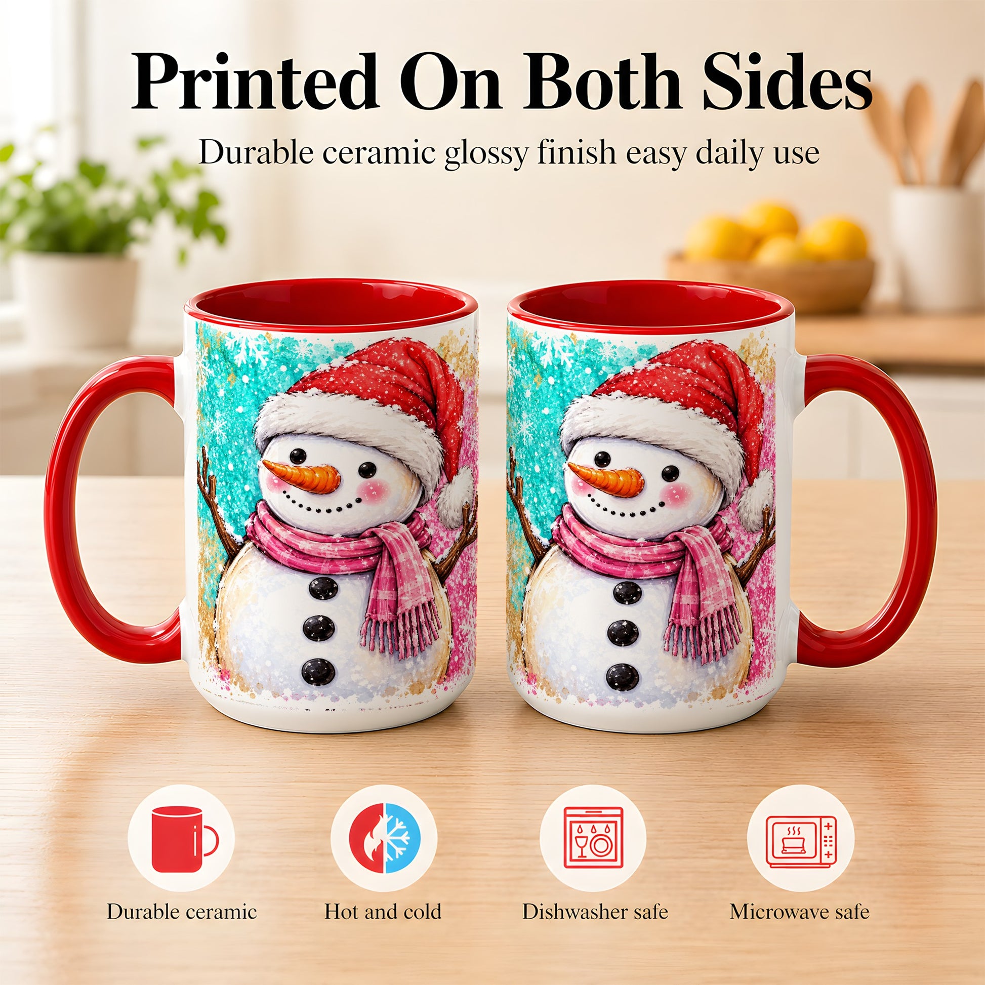 #pl[15oz|Red] Watercolor Snowman Coffee Mug, Pink Winter Snowman Mug, Ceramic Cup