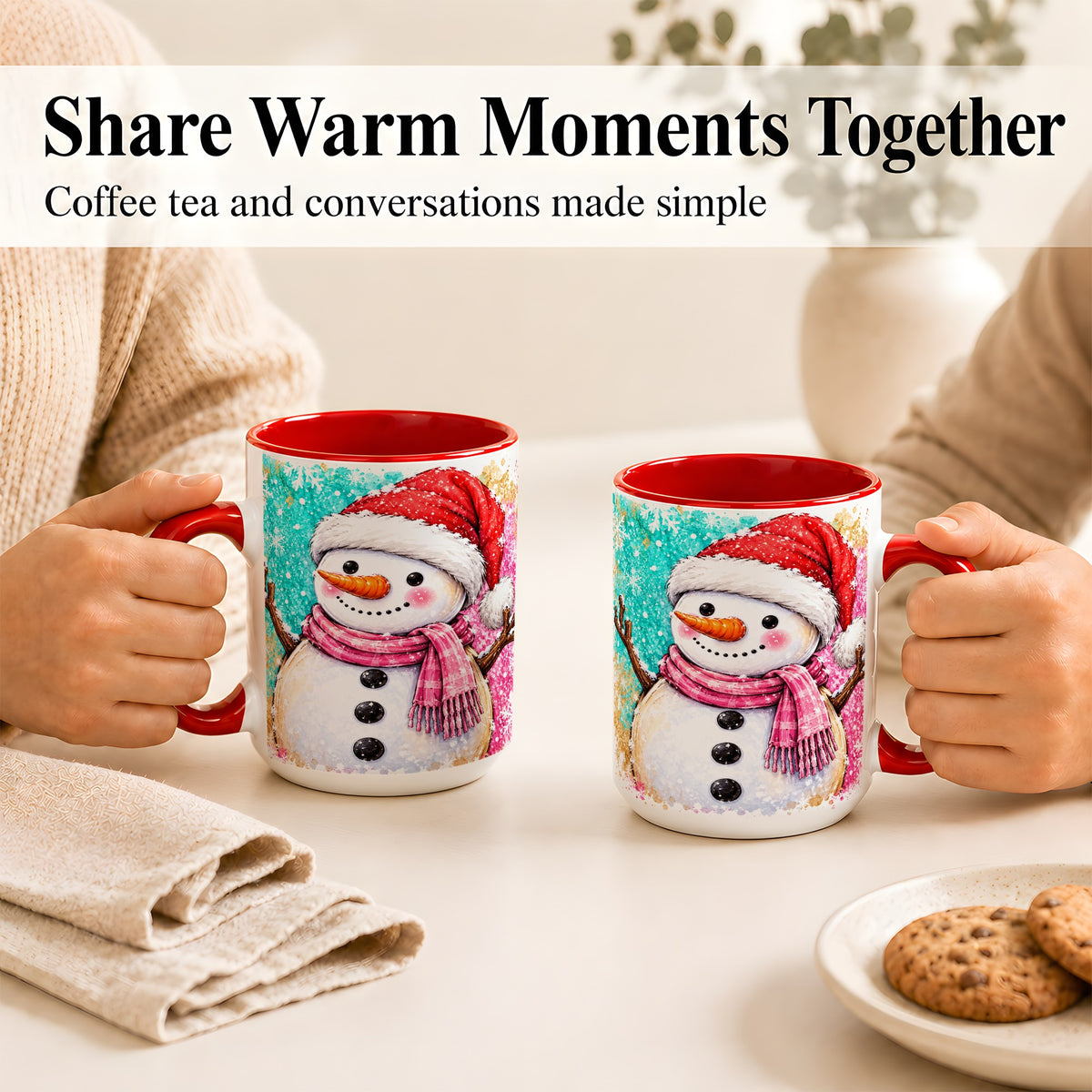 #pl[15oz|Red] Watercolor Snowman Coffee Mug, Pink Winter Snowman Mug, Ceramic Cup