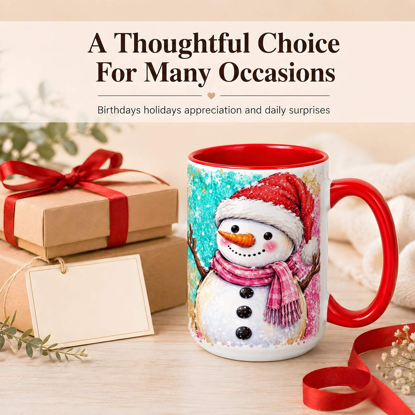 #pl[15oz|Red] Watercolor Snowman Coffee Mug, Pink Winter Snowman Mug, Ceramic Cup