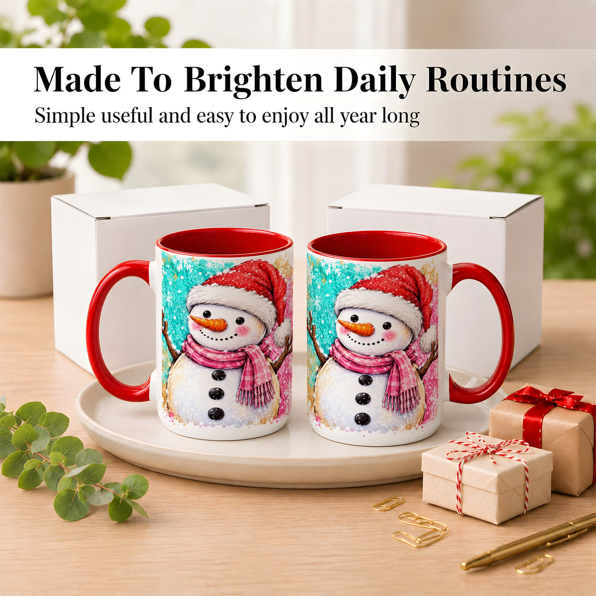 #pl[15oz|Red] Watercolor Snowman Coffee Mug, Pink Winter Snowman Mug, Ceramic Cup